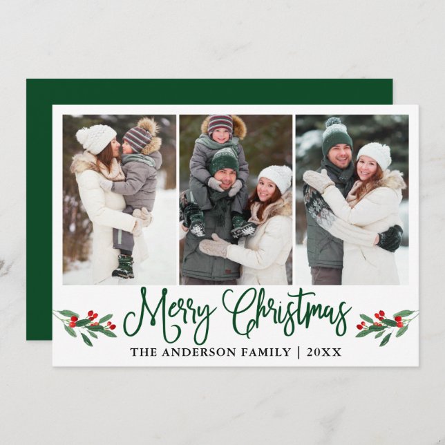 Tarjeta Festiva Caligrafía moderna Navidades verdes Holly 3 Foto (Anverso / Reverso)