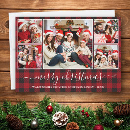 Tarjeta Festiva Caligrafía Red Buffalo Plaid 5 Navidades de fotogr