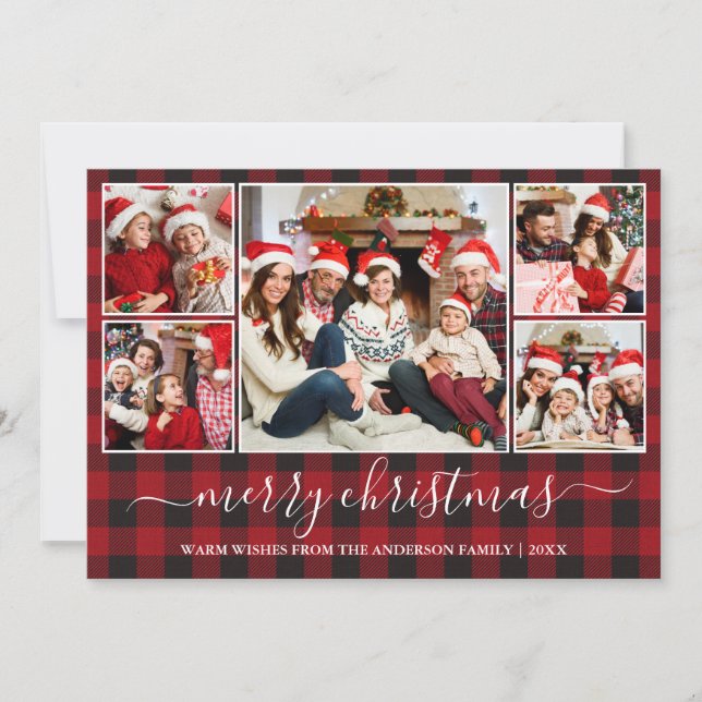 Tarjeta Festiva Caligrafía Red Buffalo Plaid 5 Navidades de fotogr (Anverso)