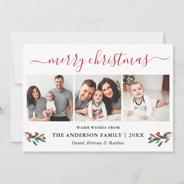 Tarjeta Festiva Caligrafía Red Merry Christmas Holly 3 Photo (Anverso)