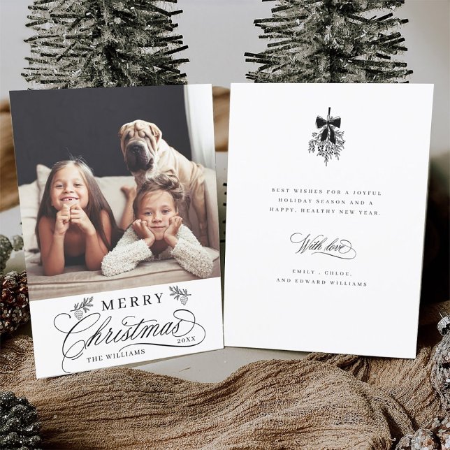 Tarjeta Festiva Caligrafía romántica, flauta navideña (Front & Back)