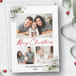 Tarjeta Festiva Caligrafía Tinta Roja 3 Fotos Verdor Berries