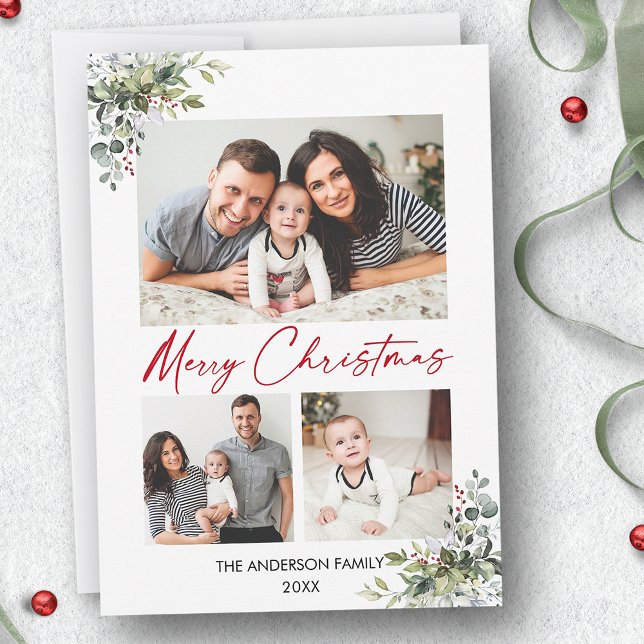 Tarjeta Festiva Caligrafía Tinta Roja 3 Fotos Verdor Berries (Customize to change your personalized text size or text style.)