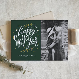 Tarjeta Festiva Caligrafía y Corona Año Nuevo Foto Verde