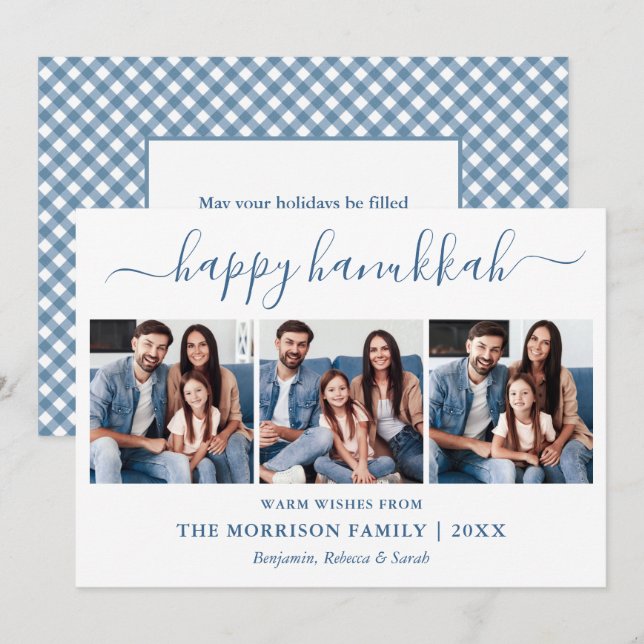 Tarjeta Festiva Calligrafía 3 Foto Dusty Blue Gingham Hanukkah (Anverso / Reverso)