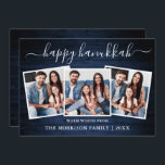 Tarjeta Festiva Calligrafía 3 Foto Madera azul Feliz Hanukkah<br><div class="desc">Moderna caligrafía de moda guión 3 Collage de fotos de familia de fotos Feliz tarjeta Hanukkah - Rústico País Madera Azul</div>