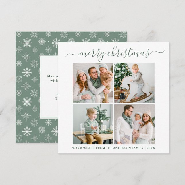 Tarjeta Festiva Calligrafía 4 Foto Copos de nieve Plaza Verde (Anverso / Reverso)