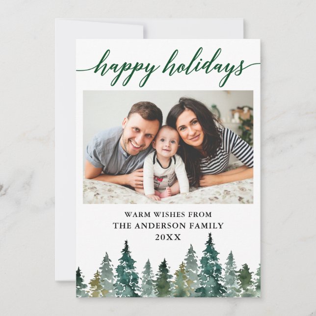 Tarjeta Festiva Calligrafía acuarela Green Pine Treps Photo (Anverso)