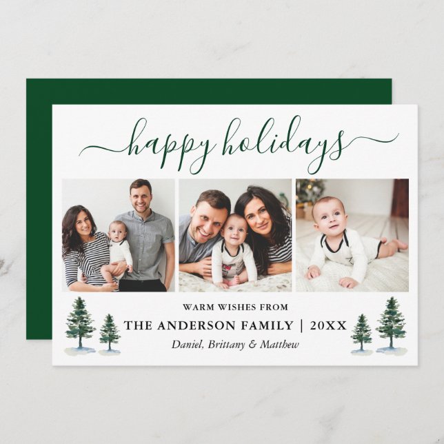 Tarjeta Festiva Calligrafía acuarela Green Pines 3 Foto (Anverso / Reverso)