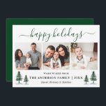 Tarjeta Festiva Calligrafía acuarela Green Pines 3 Foto<br><div class="desc">La caligrafía moderna Script 3 Photo Happy Holidays Card incluye Árboles de color de agua - Green Script forestal</div>