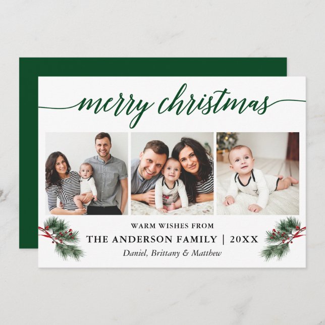 Tarjeta Festiva Calligrafía acuarela Pines Berries 3 Foto (Anverso / Reverso)