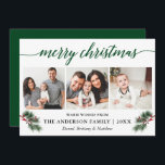 Tarjeta Festiva Calligrafía acuarela Pines Berries 3 Foto<br><div class="desc">Script de caligrafía moderna. La elegante tarjeta navideña Floral 3 Photo Merry de invierno incluye hermosos acuarelas con bayas y cinta roja. Atrás verde.</div>