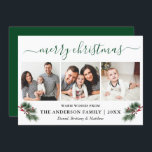 Tarjeta Festiva Calligrafía acuarela Pines Berries 3 Foto Verde<br><div class="desc">Script de caligrafía moderna. La elegante tarjeta navideña Floral 3 Photo Merry de invierno incluye hermosos acuarelas con bayas y cinta roja. Atrás verde.</div>