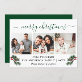 Tarjeta Festiva Calligrafía acuarela Pines Berries 3 Foto Verde