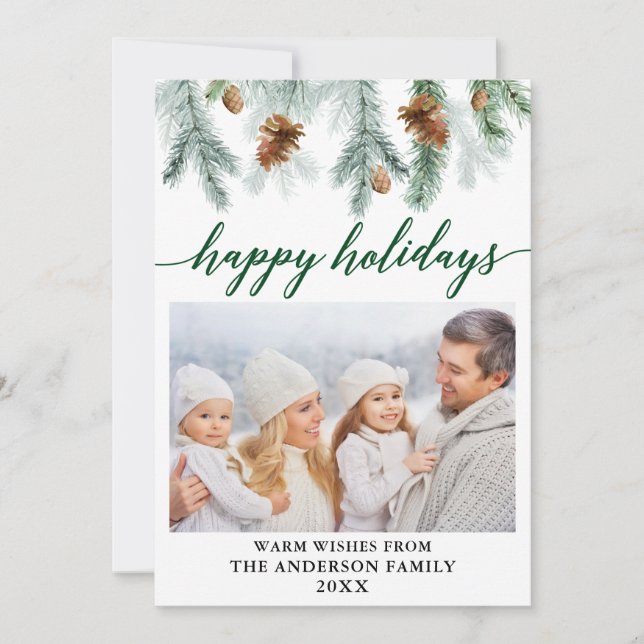 Tarjeta Festiva Calligrafía acuarela Pino Cones Foto Verde (Anverso)