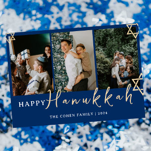Tarjeta Festiva Calligrafía azul Feliz familia Hanukkah 3 foto