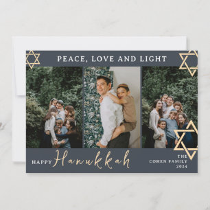 Tarjeta Festiva Calligrafía azul Feliz familia Hanukkah Tres fotos