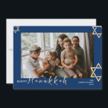 Tarjeta Festiva Calligrafía azul Feliz familia Hanukkah una foto<br><div class="desc">Calligrafía azul Feliz familia Hanukkah una foto</div>