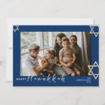 Tarjeta Festiva Calligrafía azul Feliz familia Hanukkah una foto<br><div class="desc">Calligrafía azul Feliz familia Hanukkah una foto</div>