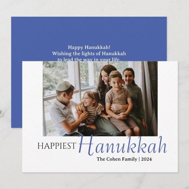 Tarjeta Festiva Calligrafía azul La familia más feliz de Hanukkah  (Anverso / Reverso)