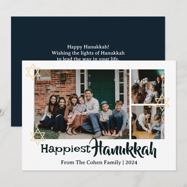 Tarjeta Festiva Calligrafía azul La familia más feliz de Hanukkah  (Anverso / Reverso)