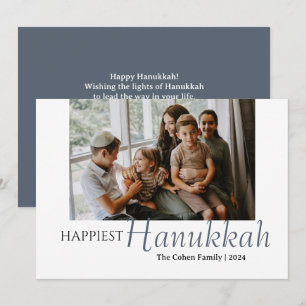 Tarjeta Festiva Calligrafía azul La familia más feliz de Hanukkah