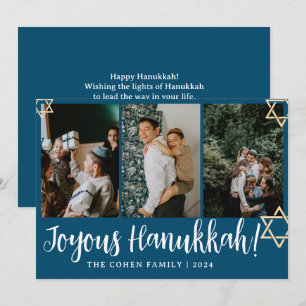 Tarjeta Festiva Calligrafía azul La familia más feliz de Hanukkah 