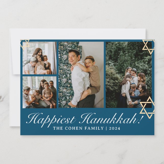Tarjeta Festiva Calligrafía azul La familia más feliz de Hanukkah  (Anverso)