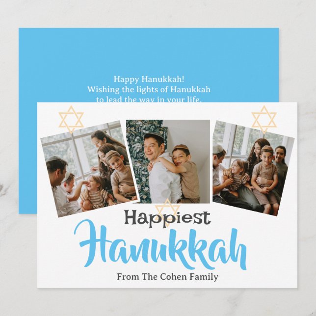 Tarjeta Festiva Calligrafía azul La familia más feliz de Hanukkah  (Anverso / Reverso)