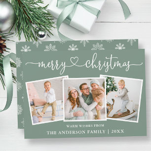 Tarjeta Festiva Calligrafía Corazón Copos de Nieve Sage Green 3 Fo