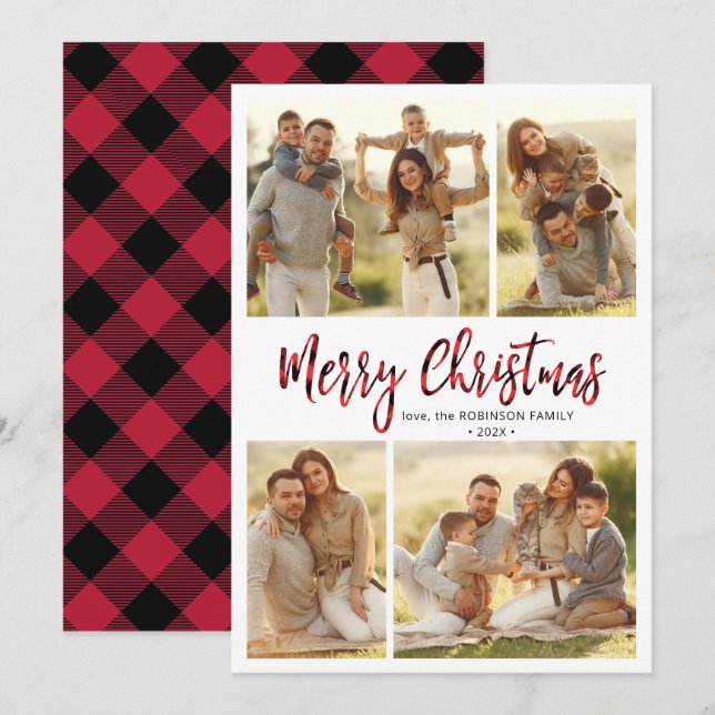 Tarjeta Festiva Calligrafía de Buffalo Plaid 4 Navidades multifoto (Anverso / Reverso)