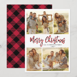 Tarjeta Festiva Calligrafía de Buffalo Plaid 4 Navidades multifoto