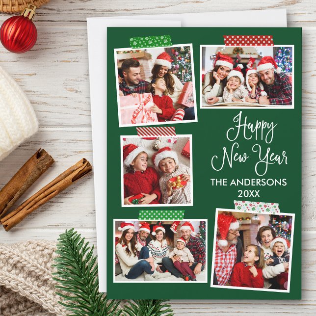 Tarjeta Festiva Calligrafía divertida Feliz Año Nuevo Cinta Verde (Customize to add text to back of card.)