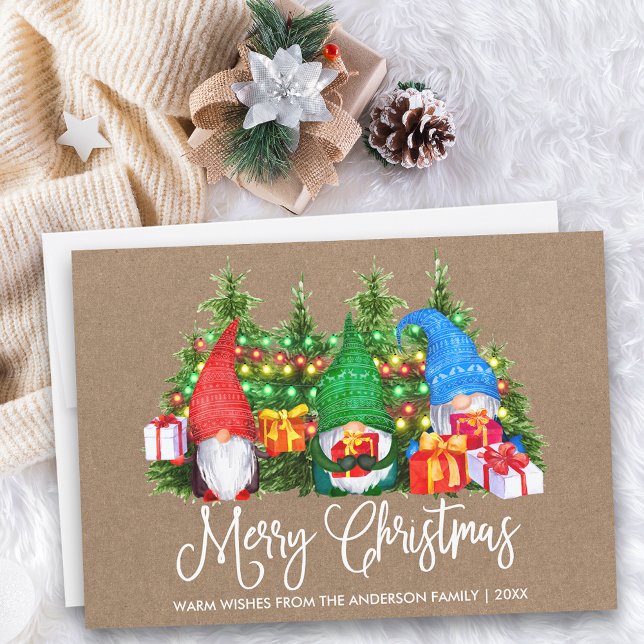 Tarjeta Festiva Calligrafía divertida Kraft Gnomes navideños (Customize to add text to back of card.)
