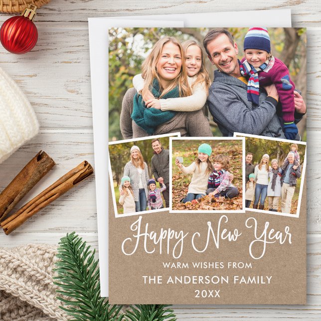 Tarjeta Festiva Calligrafía divertida para foto Kraft Feliz Año Nu (Customize to add text to back of card.)