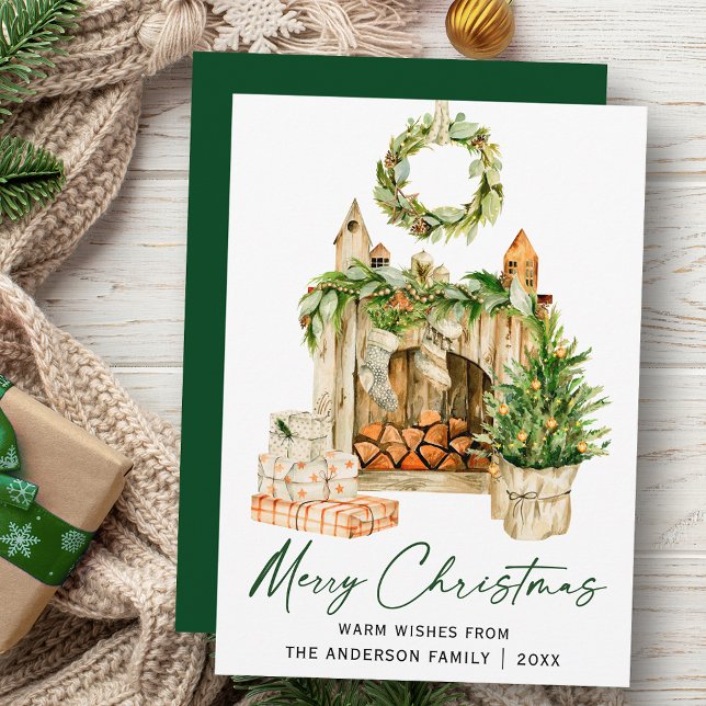 Tarjeta Festiva Calligrafía Ink Script Watercolor Pines Hearth (Customize to change your personalized text size, style or change color of back of card.)