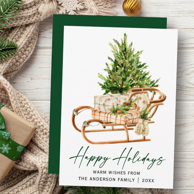 Tarjeta Festiva Calligrafía Ink Script Watercolor Sleigh Pine Tree (Customize to change your personalized text size, style or change color of back of card.)