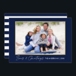 Tarjeta Festiva Calligrafía Mares de tinta y saludos Azul de oro<br><div class="desc">Moderna elegancia Minimalista caligrafía Lápiz manuscrito Mares y saludos Foto Tarjeta de vacaciones marco dorado - Bandas azul y blanco de la marina</div>