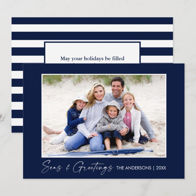 Tarjeta Festiva Calligrafía Mares de tinta y saludos Foto azul (Anverso / Reverso)