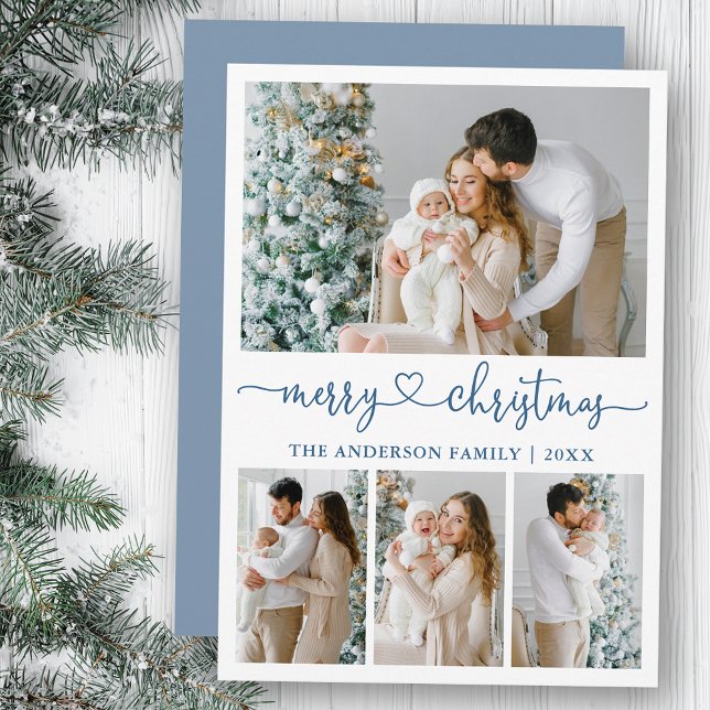 Tarjeta Festiva Calligrafía Navidades del corazón 4 Foto Dusty Blu (Customize to add text to back of card.)
