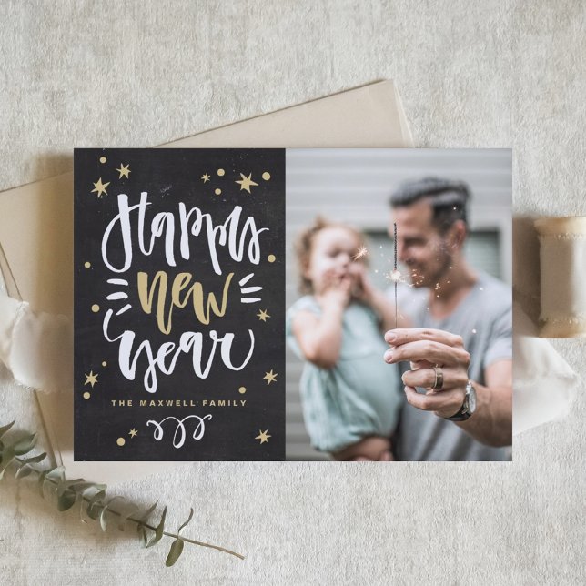 Tarjeta Festiva Calligrafía rusa foto de Chalkboard Feliz Año Nuev (Rustic Calligraphy Chalkboard Photo Happy New Year Holiday Card)