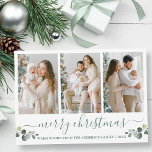 Tarjeta Festiva Calligrafía Watercolor Eucalyptus Navidades verdes<br><div class="desc">La moderna caligrafía Script Merry Christmas 3 Photo Holiday Card incluye hojas de eucalipto de color de agua. Texto verde.</div>