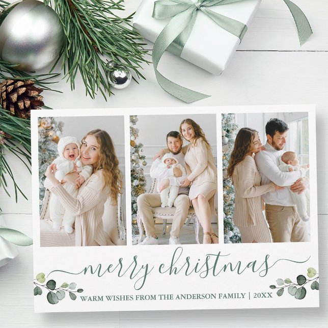 Tarjeta Festiva Calligrafía Watercolor Eucalyptus Navidades verdes (Customize to add text to back of card.)