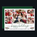 Tarjeta Festiva Calligrafía Watercolor Holly 5 Foto Verde<br><div class="desc">Moderna caligrafía Script 5 Photo Family Collage de fotos Happy Holidays Card incluye Navidades de acuarela Holly Berries - Forest Green Script</div>