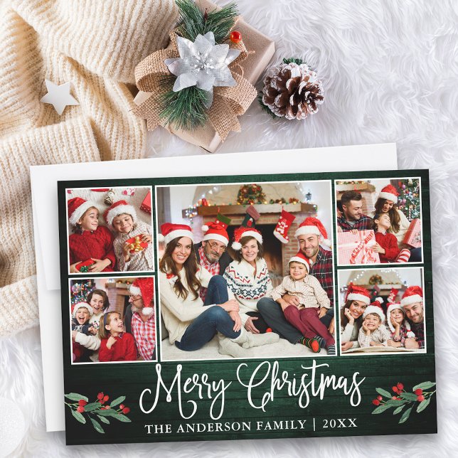 Tarjeta Festiva Calligraphy Green Wood Holly 5 Navidades de fotogr (Customize to add text to back of card.)