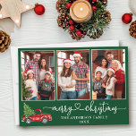 Tarjeta Festiva Calligraphy Heart 3 Navidades fotográficos Camión<br><div class="desc">Moderna caligrafía Heart Script 3 Foto Familia Collage de fotos Tarjeta navideña - Watercolor Vintage Camión rojo con árbol de Navidad - Fondo verde forestal</div>