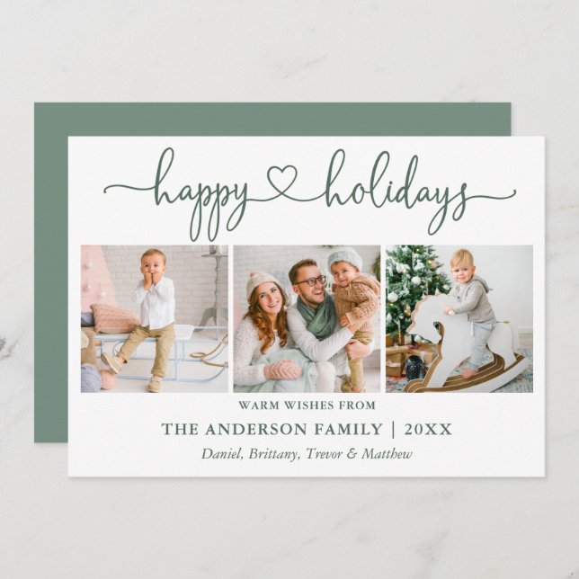 Tarjeta Festiva Calligraphy Heart 3 Photo Sage Green (Anverso / Reverso)