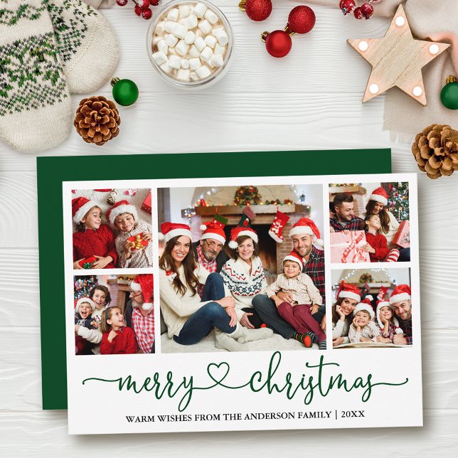 Tarjeta Festiva Calligraphy Heart 5 Navidades de fotografía Green (Customize to add text to back of card or to change color of  back of card.)