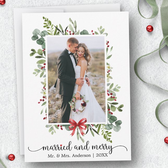 Tarjeta Festiva Calligraphy Heart Married and Merry Red Bow Photo (Customize to change your personalized text size or text style.)