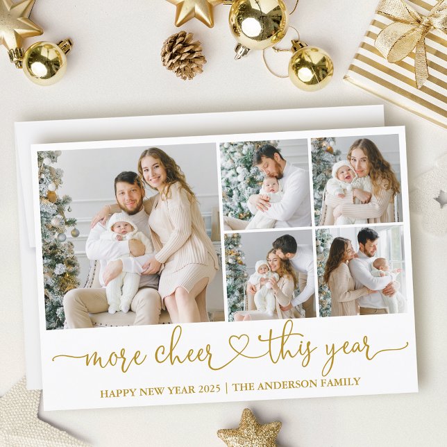 Tarjeta Festiva Calligraphy Heart More Cheer 5 fotos Gold (Customize to add text to back of card.)
